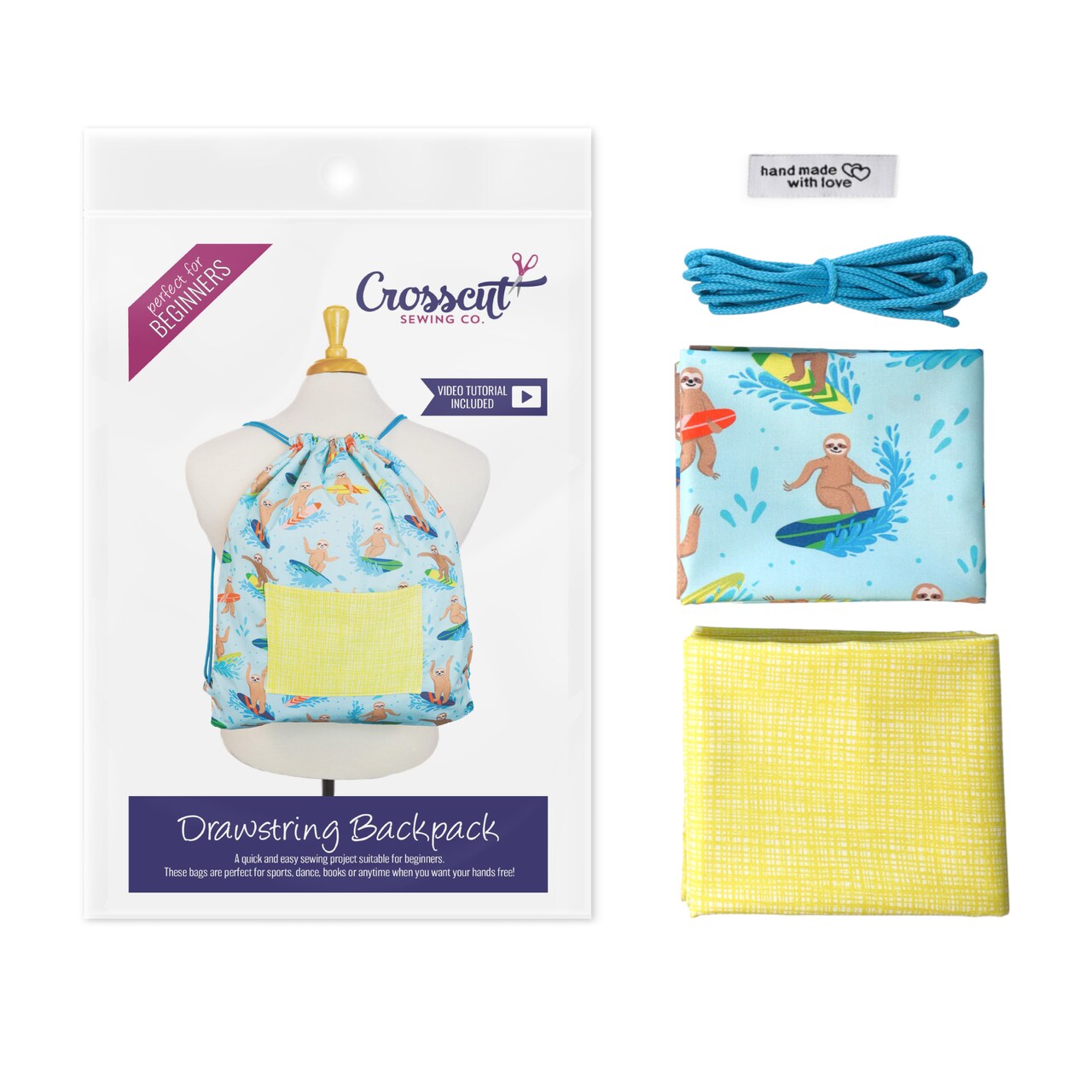 Crosscut Sewing Co.® Drawstring Backpack Sewing Project Kit - Beginner Sewing Kit - Sewing Kit for Kids